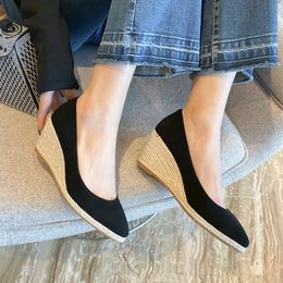 Womens natural suede leather wedge slip-on pumps round toe ladies soft comfortable high quality footwear hemp high heels shoes