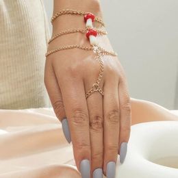 Simple Trendy Ladies Gold Colour Metal Multilayer Finger Chain Bracelets For Women Cute Red Ceramic Mushroom Bracelet Jewellery