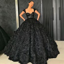 Dubai Arabic New Arrival Black Quinceanera Dresses 3D Rose Flowers Sequins Special Occasion Dress Black Girl Couple Day Party Gowns