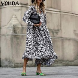 Elegant Office Ladies Dress VONDA Women Swing Leopard Midi Dress 2020 Winter Sundress Casual Loose Vestidos Plus Size Sundress Y0118