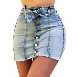 Sexy Bodycon Jeans Skirt Ladies Summer Button High Waist Skirt Women Bowknot Denim Skirt Streetwear Slim Pocket Skirts D30 210309