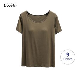 Women T-Shirts Built-in Bra Padded Push-Up Stretchable Modal Tops Tshirts Short Sleeve Sexy Casual Korean SA0762 210310