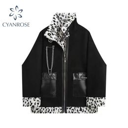 Winter Goth Punk Coat Women Two Side Wear Leopard Lambswool Jacket Motorcycle Streetwear Stand Buttton Collar Zipper Outwear Top 211014