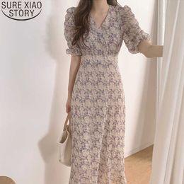 Summer Korean Vintage Dress Women Floral Print High Waist V-neck Short Sleeve Fashion Casual Dresses Elegant Vestidos 210527