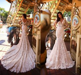 Ida Torez Champagne Mermaid Wedding Dresses Illusion Sexy V Neck Long Sleeve Backless Garden Boho Lace Appliqued Bridal Bress