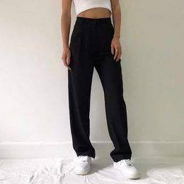 Fashion Straight Suit Women Pants High Waist Casual Office Lady Full Length Wide Leg Loose Female Black Mom Trousers 210915
