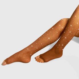 2021 Sexy Woman Fishnet Stockings Glitter Rhinestone Tights Diamond Mesh Nylons Toe Pantyhose Shiny Pantyhoses Flash Lingerie Y1130