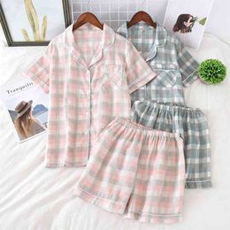 Japanese simple short pyjamas women 100% cotton sleeves ladies pajama sets s Cute cartoon sleepwear homewear 210830