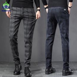 Spring Autumn England Plaid Work Stretch Pants Men Business Fashion Slim Fit Grey Blue Casual Pant Male Brand Trousers 38 220311