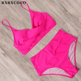 RXRXCOCO Swimwear Women High Waist Bikini 2021 Women Leopard Solid Bathing Suit Swimsuit Female with Pad Push Up Swimsuit Woman Y0820