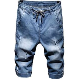 Drawstring waist Stretch blue Washed Denim Shorts Men Summer Fashion Casual Mid Waist Cargo Jeans 210716