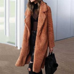 Women Long Faux Fur Coat Teddy Jacket Autumn Winter Warm Ladies Female Plush Outwear 211220