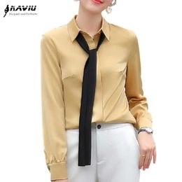 Shirt Women Spring Satin Fashion Slim Ribbon Design Professional Formal Long Sleeve Blouses Office Ladies Work Tops 210604