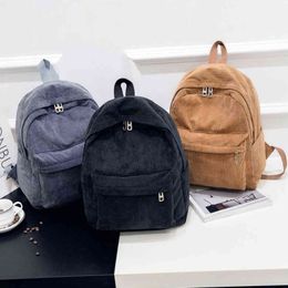 Women Autumn Winter Corduroy Backpack Teenager Girls School Book Bag Solid Colour Multi-Pockets Backpack Female Big Travel Bags Y1105