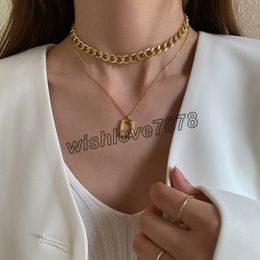 Fashion Silver Color Double Layers Square Necklaces Pendant Punk Snake Chain Choker Necklaces for Women Men Jewelry