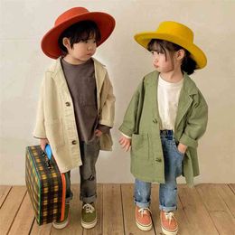 春日本スタイルユニセックスソリッドカラーコットンロングトレンチ男の子と女の子ソフトルーズジャケットコート210708