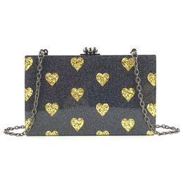 Heart Printed Women Clutch Bag Shiny Black Square Acrylic Hard Box Wedding Purse Small Ladies Hand Bag Chain Evening Shoulder Bags