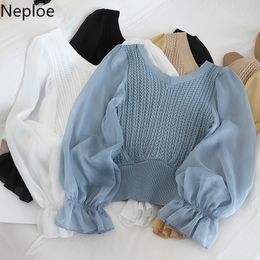 Neploe Fashion Patchwork Mesh Blouse Women V Neck Knit Flare Long Sleeve Blusas 2021 Autumn Spring New Slim Shirt Elegant 210302