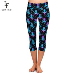 LETSFIND Summer Octopus Print Leggings Fashion Women High Waist Plus Size Fitness Black Mid-Calf 210925