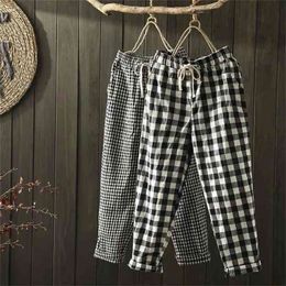 Spring Summer Plaid Pant's Harem s Drawstring Waist Large Size Casual Loose Cotton Linen Trouser 210915