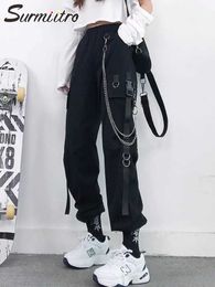SURMIITRO Fashion Autumn Long Cargo Pants Women Korean Style Black Pockets High Waist Ankle Harem Pants Female With Chain 210712