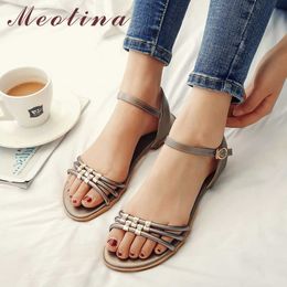 Meotina Summer Shoes Women Sandals Natural Genuine Leather Buckle Flat Shoes Real Leather Crystal Sandals Ladies Large Size 3-12 210608