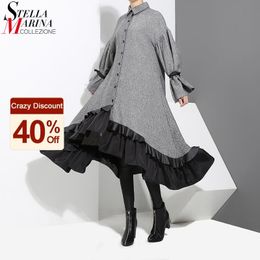New England Stil Frau Winter Grau Hemd Kleid Midi Langarm Rüschen Patchwork Große Größe Dame Elegante Party Vintage Kleid 3073 210303