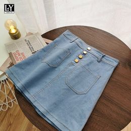 LY VAREY LIN Summer Women Casual Single Breasted Pockets A-line Denim Skirts Sweet Solid Color High Waist Female Mini 210526