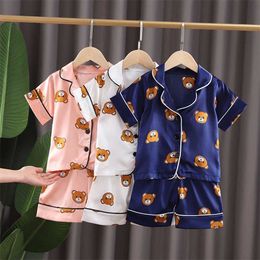 Boys Girls Kids Pyjama Sets Cartoon bear short Sleeve T-Shirt Tops With Pants Toddler Baby Sleeping Clothes Pijamas Sleepwear 211130