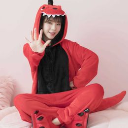 2020 New Style Lounge Wear Dinosaur Flannel Animal Conjoined Sleepwear Cartoon Men and Women Winter Thickening Dropshipping X0526