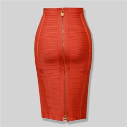 High Quality Black Red Blue Orange Zipper Bodycon Rayon Bandage Skirt Day Party Pencil Skirt 210225