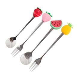 Creative Fruit Pick Fork Stirring Spoon Colourful Silicone Handle Stainless Steel Utensils for Home Restaurant Kitchen Party Supplies