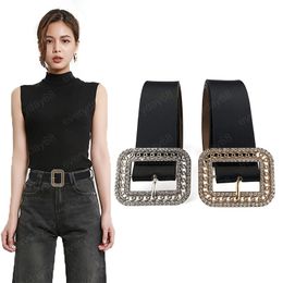 Gold Silver Square Pin Buckle Belts For Women PU Leather Rhinestone Black Waistbands Fashion Lady Female Coat Dress Waist Belt