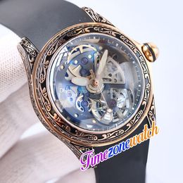 46mmx18.6mm Bubble L082/03166 CO0082 Automatic Mens Watch Black Skeleton Dial Tourbillon Retro Carved Luxury Rose Gold Case Rubber Strap Watches Timezonewatch