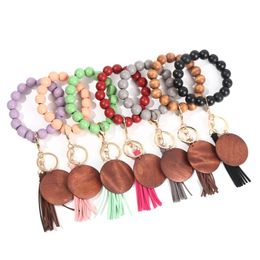 High Quality Party Favor Wooden Bead Wrist Stretch Keychain Bracelet with Tassel Wristband Bangle Keychain 5019 Q2