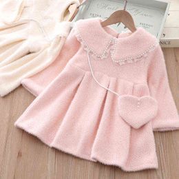 Sweet Warm Winter Girls Kids Princess Dress Woolen Long Sleeve Velvet Thicken Children Baby with Bag G1129