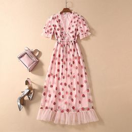 Runway Rhinestone Diamonds Strawberry Pink Mesh Maxi Dress Women Short Puff Sleeve Sexy V-neck Lace-up Bow Tunic Lolita Dress 210316