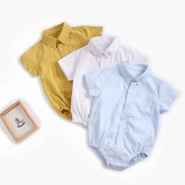 Baby Gentleman Shirt Romper Toddler Jumpsuit Short Sleeves Lapel Formal Rompers for born Boy Birthday Party Bodysuit 210615