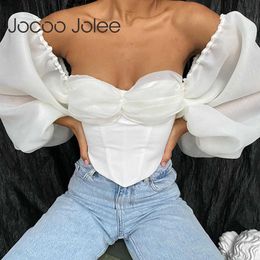 Elegant Puff Sleeve Off the Shoulder Mesh Blouses Casual Office Lady White Shirts Retro Harajuku T Shirts Sexy Tube Tops Street 210619