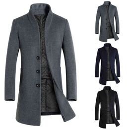 Winter Men Overcoat Single Breasted Jacket Fashion Solid Color Trench Coat Long Sleeve Woolen Blend Outwear Windbreaker 211122