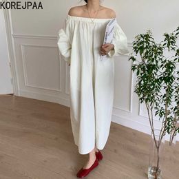 Korejpaa Women Dress Summer Korea Chic Female French Simple One-Line Cllar Strapless Loose Solid Color Puff Sleeve Vestidos 210526
