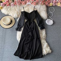 Black Irregular Party Long Dress Women Elegant V-Neck Flare Sleeve Ruffle Big Swing Vestidos Female Fashion 2021 Spring Summer Y0603