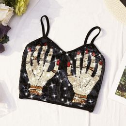 Fashion Women Crop Tops New Summer Palm Beaded Sequins Spaghetti Strap Black Short T Shirt Woman Sexy Top 210308