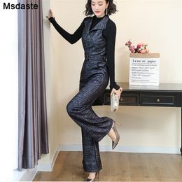 Women Jumpsuits Woollen Winter One Piece Jumpsuits Wide Leg Pants Lady Rompers Turn-down Neck Plaid Belted Loose Woman Overalls 210317