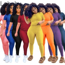 Kadın Tasarımcı Giysileri 2021 Yeni Eşofman Yaz Yuvarlak Boyun Katı Kısa Kollu İki Parçalı Yoga Pantolon Spor Takım Kıyafetler