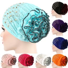 New Diamond Turban with Big Flower Muslim Hijab Chemo Cancer Bonnet Indian Hat Elegant Party New Year Hair Loss Cover