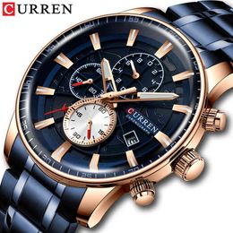 Curren Men's Watches Quartz Watch with Stainless Steel Band Chronograph Luminous Hands Clock Male Wristwatch Mens Fashion Q0524