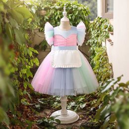 Fly Sleeve Girls Lolita Dress for Kids Lovely Rainbow Tulle Party Gown Clothing Fashion Ins Outfit 210529