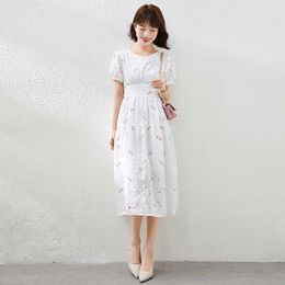 Embroidery Long Midi Dress Women O-Neck Puff Sleeve Backless A-Line Party Elegant White Lace Up Summer 210529