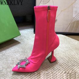 Boots Sexy Pointed Toe Satin Mid Calf Women Sunflower Crystal Decor Cup High Heel Shoes Runway Elastic Slim Short 2021